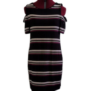WHBM stretch knit bodycon dress size M striped round neckline open shoulder